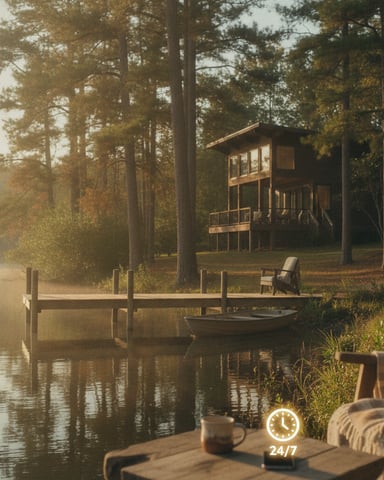 Elevated cabin among tall pine trees overlooking a misty lake with wooden dock and chairs in foreground