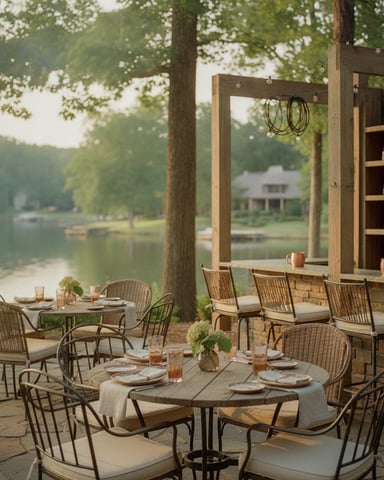 Outdoor dining patio with round tables, wicker chairs, and a bar overlooking a lake surrounded by trees