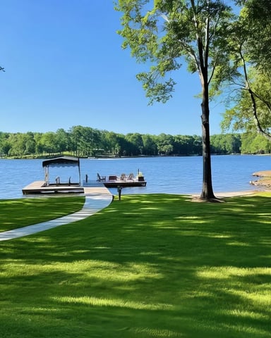 Lakefront lawn with docked boats, wooden pier, tall trees, and forested shoreline under clear blue sky